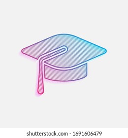 Tapa de graduación. Icono de educación. Logo coloreado con líneas diagonales y degradado azul-rojo. Gráfico neón, efecto ligero