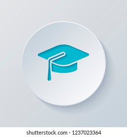 Graduation cap. Education icon. Cut circle with gray and blue layers. Paper style