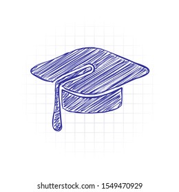 Graduation cap. Education icon. Hand drawn sketched picture with scribble fill. Blue ink. Doodle on white background