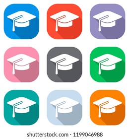 Graduation cap. Education icon. Set of white icons on colored squares for applications. Seamless and pattern for poster
