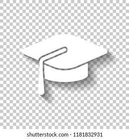Graduation cap. Education icon. White icon with shadow on transparent background