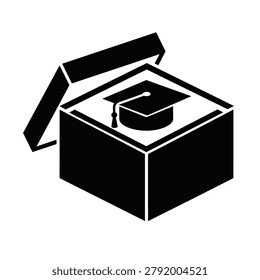 Graduation cap emerging from a mystery box. High-contrast, black and white graphic representing unlocking knowledge, university success, and scholarly pursuits.