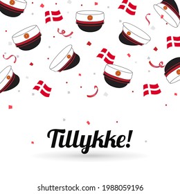 Graduation cap with flag of Denmark on confetti background. celebration card vector illustration. Danish Translation: " Congratulations! "