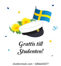 Graduation cap with flag and flowers, Greeting Card vector illustration. Swedish Translation: " Congratulations on graduation! "