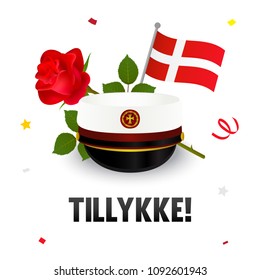 Graduation cap with flag and red rose, Greeting Card vector illustration. Danish Translation: " Congratulations! "