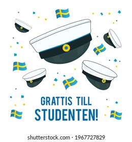 Graduation cap with flag of Sweden Greeting Card vector illustration. Swedish Translation: " Congratulations on graduation! "