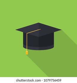 Graduation cap flat icon isolated on green background. Simple Education sign symbol in flat style. Vector illustration for web and mobile design.