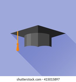 Graduation Cap Flat Icon With Long Shadow. Mortarboard Vector Illustration.