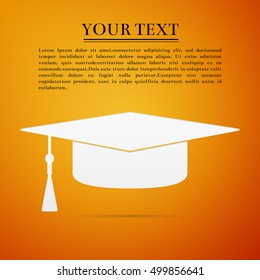 Graduation cap flat icon on orange background. Vector Illustration