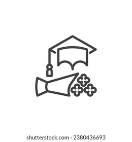 Graduation cap and flowers line icon. linear style sign for mobile concept and web design. Graduate decor outline vector icon. Symbol, logo illustration. Vector graphics