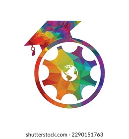 Graduation cap Gear and globe vector logo design. Education and learning logo concept.