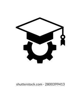 Graduation cap and gear icon in black and white vector style, symbol for expert education, technical training, and professional skill