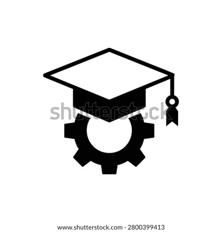 Graduation cap and gear icon in black and white vector style, symbol for expert education, technical training, and professional skill