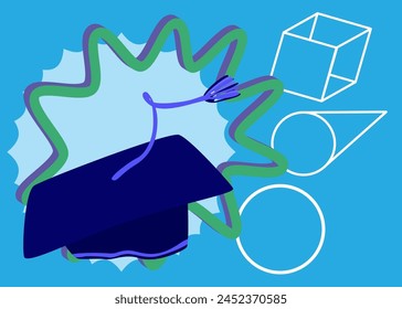 Graduation cap geometrical graphic retro theme background. Minimal geometric elements. Vintage abstract shapes vector illustration.