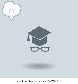 Graduation cap with glasses icon with shadow. Cloud of download with arrow.