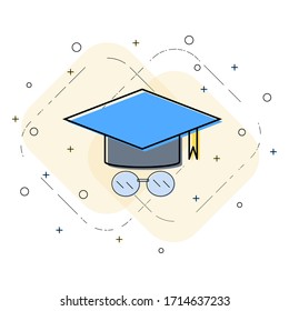 Icono lineal de tapa de graduación y lentes. Creativo vector de diseño plano.