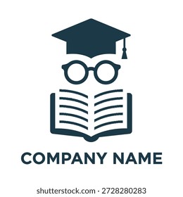 Gorra de graduación y gafas en el libro abierto para la educación y el aprendizaje icono de Plantilla de diseño de logotipo