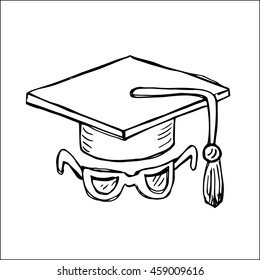 Graduation Cap And Glasses Sketch  Vector Illustration, For Education And Business Design