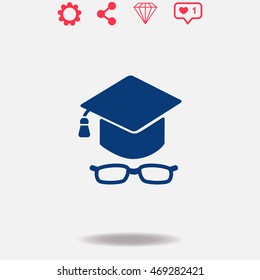 Graduation cap with glasses vector icon on grey background.
