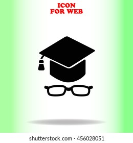Graduation cap with glasses web icon. Black illustration on white background