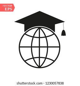 The graduation cap and globe icon. Education symbol. Flat Vector