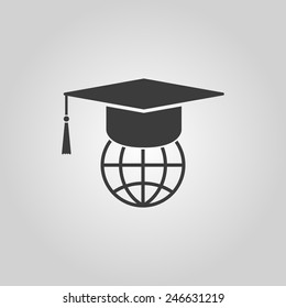 The graduation cap and globe icon. Education symbol. Flat Vector illustration
