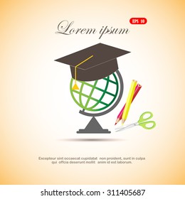 The graduation cap and globe icon. Education symbol. Flat Vector illustration