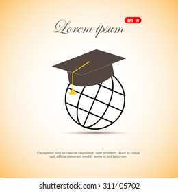The graduation cap and globe icon. Education symbol. Flat Vector illustration