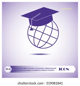 The graduation cap and globe icon. Education symbol. Flat Vector