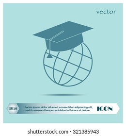 The graduation cap and globe icon. Education symbol. Flat Vector