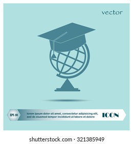 The graduation cap and globe icon. Education symbol. Flat Vector