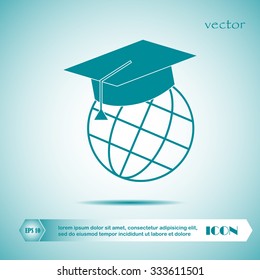 The graduation cap and globe icon. Education symbol. Flat Vector