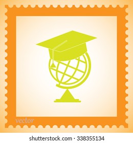 The graduation cap and globe icon. Education symbol. Flat Vector