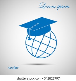 The graduation cap and globe icon. Education symbol. Flat Vector