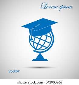 The graduation cap and globe icon. Education symbol. Flat Vector