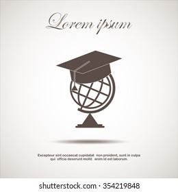 The graduation cap and globe icon. Education symbol. Flat Vector