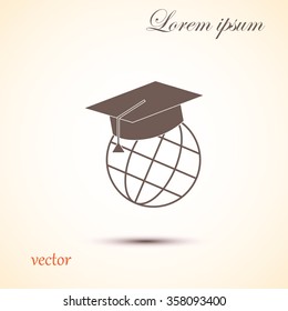 The graduation cap and globe icon. Education symbol. Flat Vector
