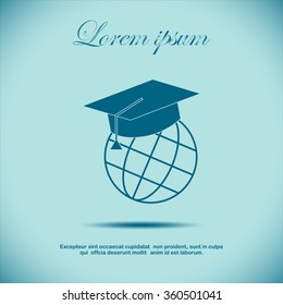 The graduation cap and globe icon. Education symbol. Flat Vector