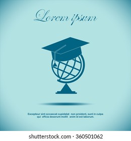 The graduation cap and globe icon. Education symbol. Flat Vector
