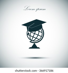 The graduation cap and globe icon. Education symbol. Flat Vector