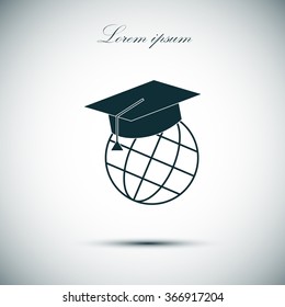 The graduation cap and globe icon. Education symbol. Flat Vector