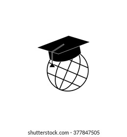 The graduation cap and globe icon. Education symbol. Flat Vector