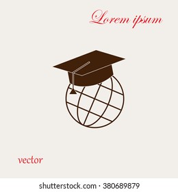 The graduation cap and globe icon. Education symbol. Flat Vector