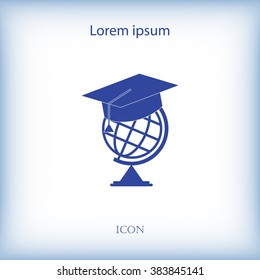 The graduation cap and globe icon. Education symbol. Flat Vector