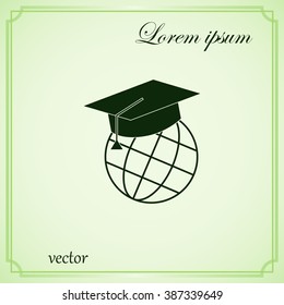 The graduation cap and globe icon. Education symbol. Flat Vector