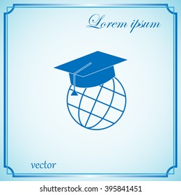 The graduation cap and globe icon. Education symbol. Flat Vector
