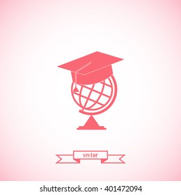 The graduation cap and globe icon. Education symbol. Flat Vector
