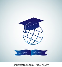 The graduation cap and globe icon. Education symbol. Flat Vector illustration