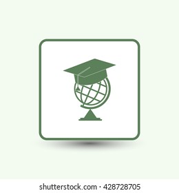 The graduation cap and globe icon. Education symbol. Flat Vector