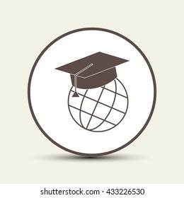 The graduation cap and globe icon. Education symbol. Flat Vector